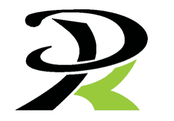 A black and white logo of the letter r